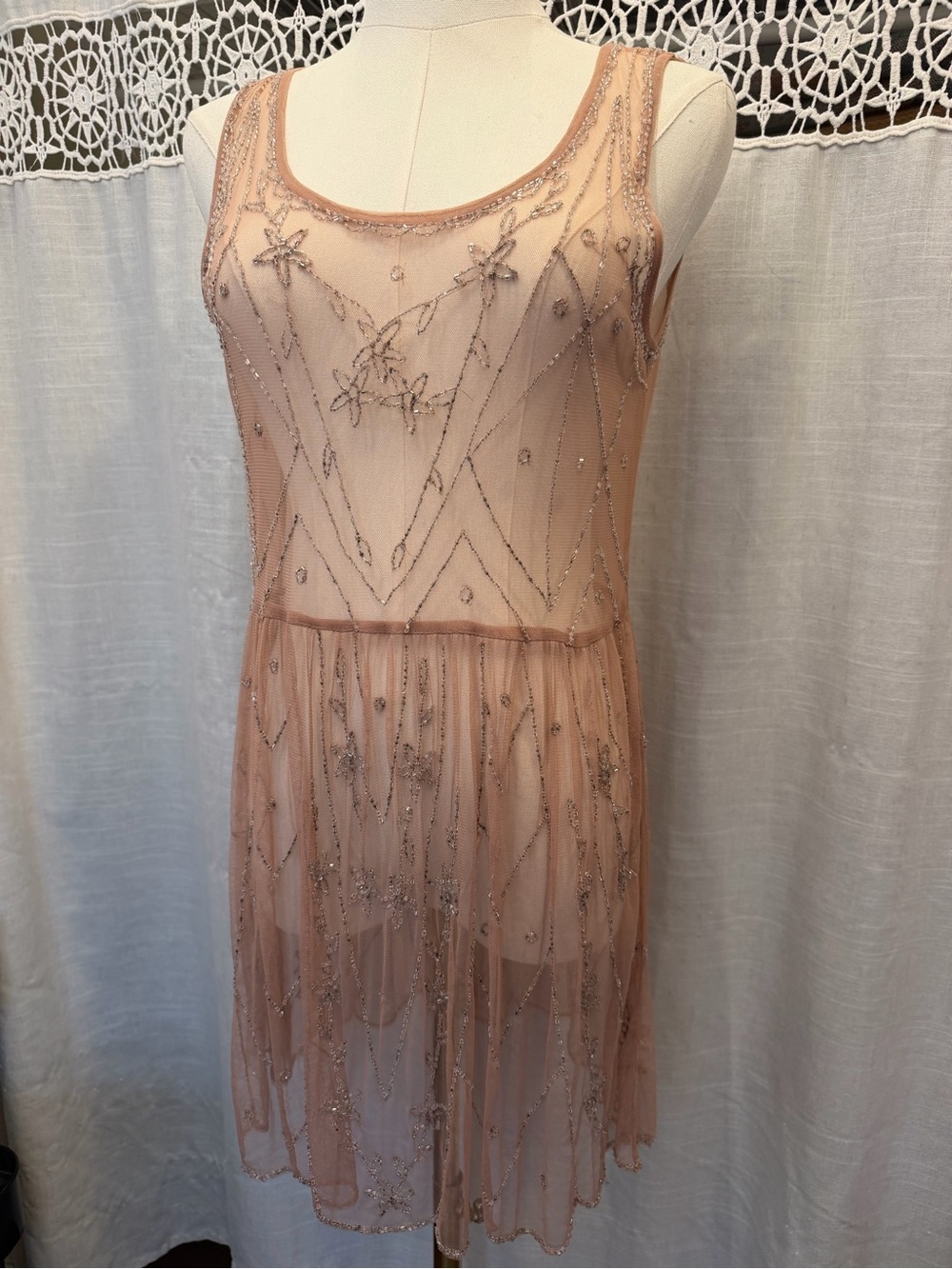 Free People Blush Pink Beaded Mesh Mini Dress
